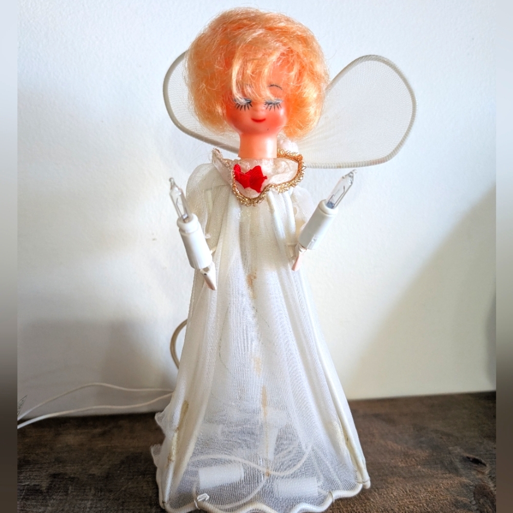 Antique Angel Christmas tree topper Light up Vintage Holiday Decor Has Spot